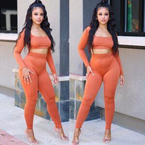 Larmi Activewear Long Sleeve Top And Leggings Set - Brown